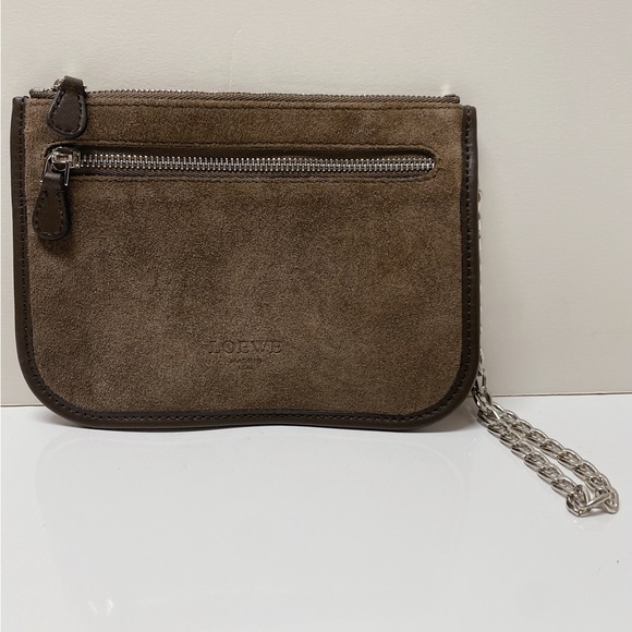 Loewe Suede Leather Logo Small Clutch Silver Chain Wristlet Zip Pouch Bag Italy - Picture 2 of 6